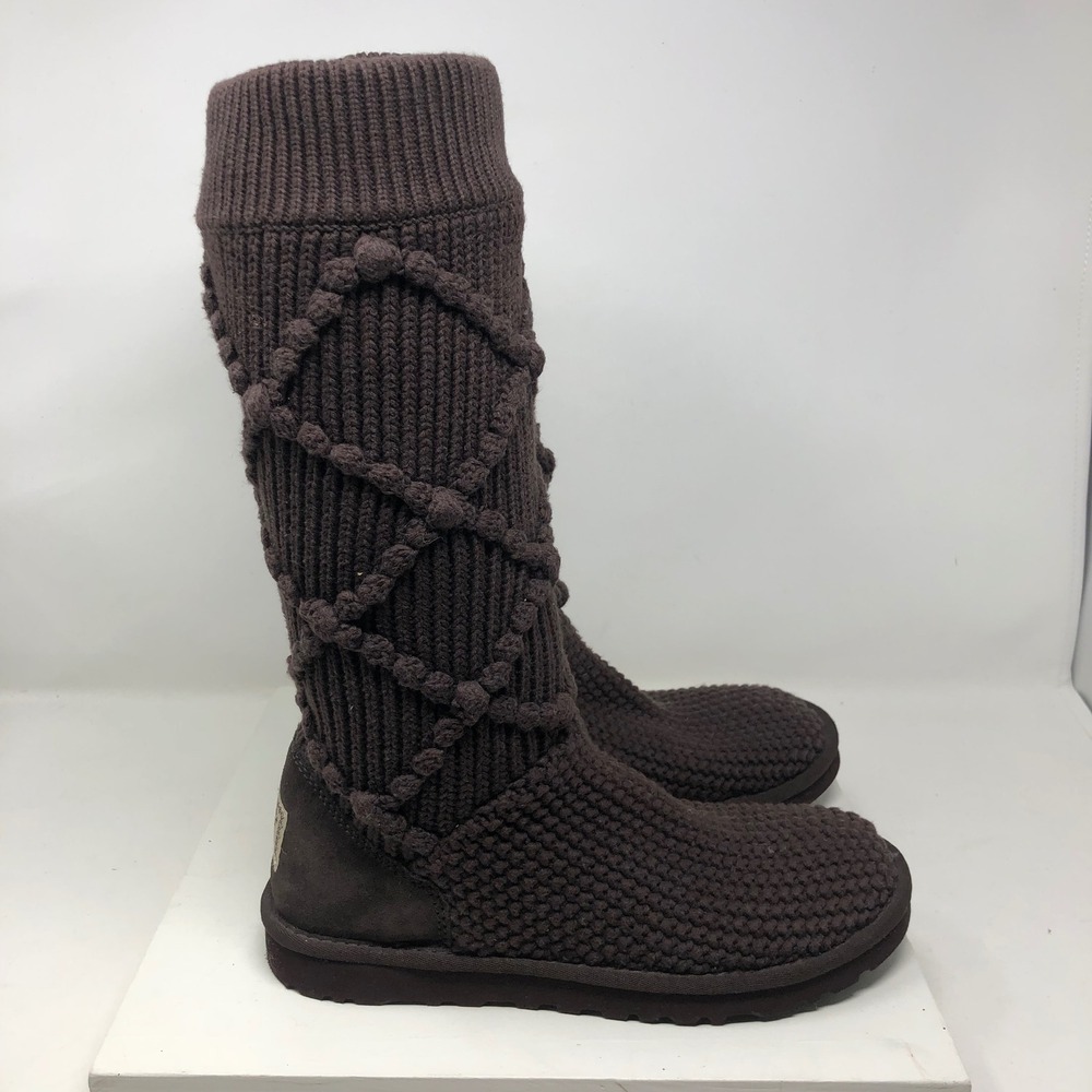 UGG Lattice Cardy Boots Womens 8 Brown Knit Tall Sheepskin Winter Cozy